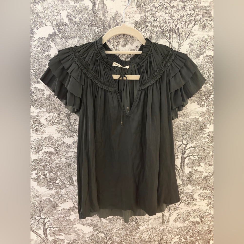 Ulla Johnson Liv Pleated Silk Tiered-Sleeve Top Shirt Green Olive Size 0